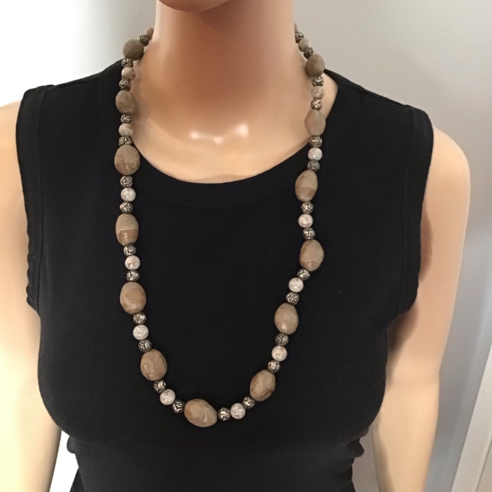 Women’s Long Necklace Tan Beige Silver - Picture 9 of 10